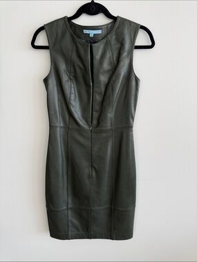 ANTONIO MELANI Olive Green Sleeveless Leather Sheath Dress